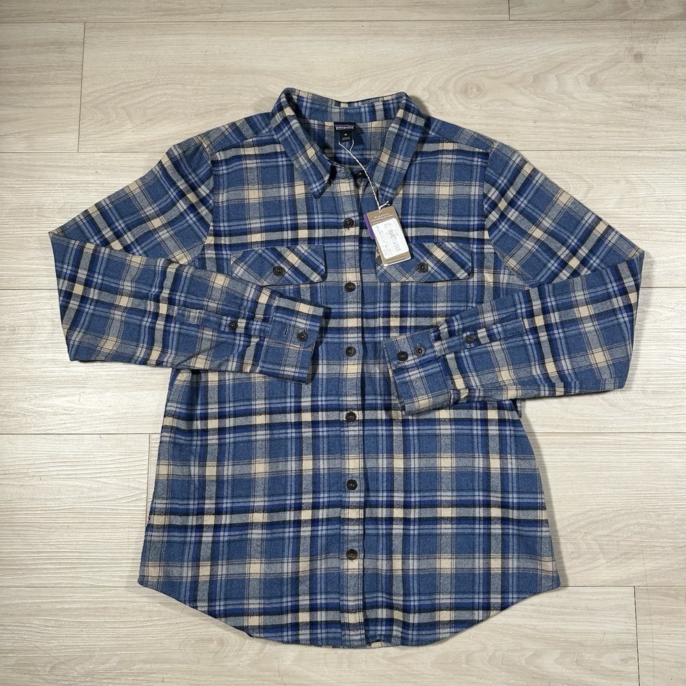 Patagonia Womens Organic Cotton Fjord Flannel Plaid Shirt Blue Tan Size Medium